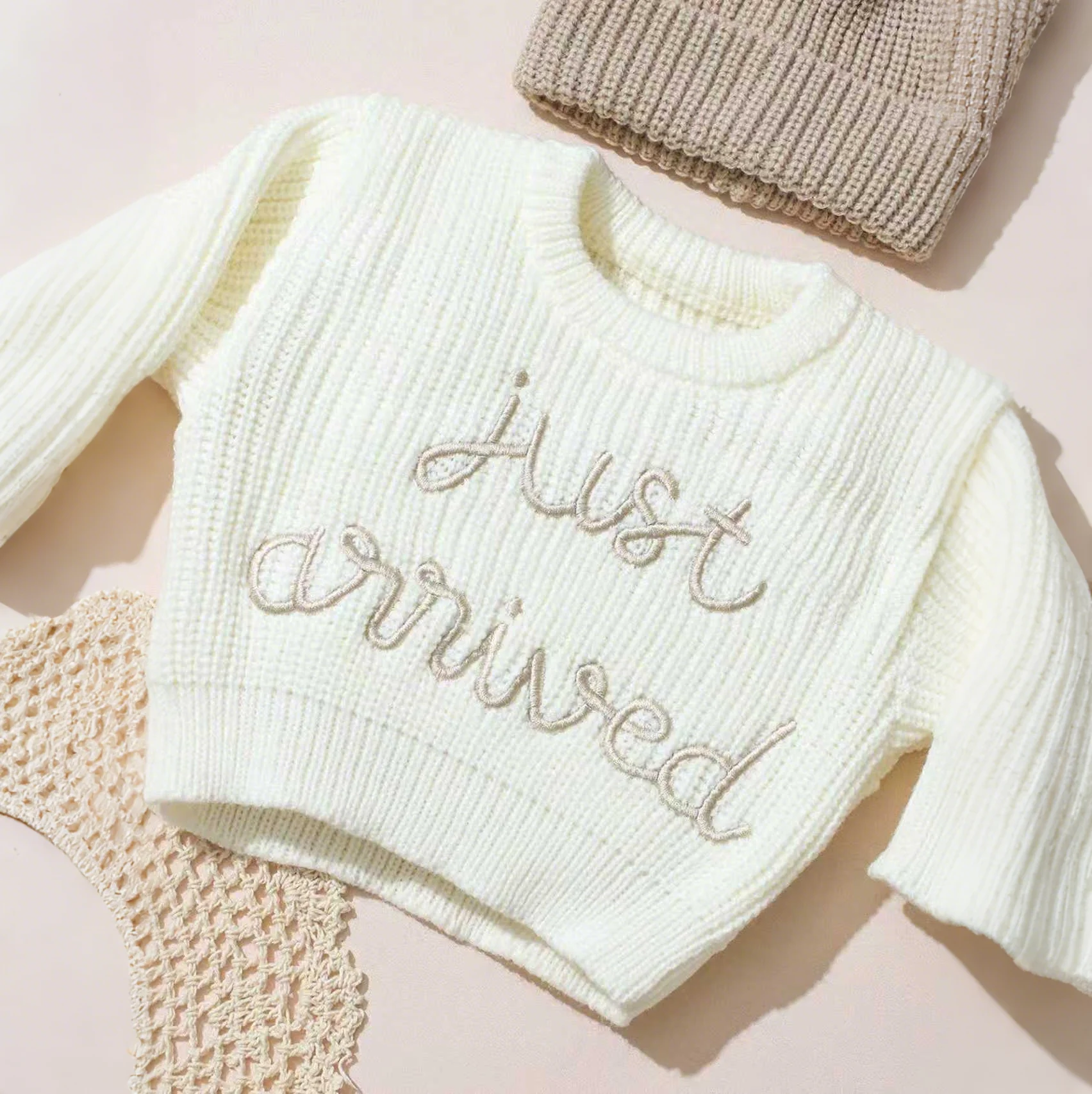 Ylsteed 3 Pcs Set Knitting Newborn Boy Photography Clothes "Just Arrived" Embroidery Khaki Baby Outfits Sweater Baby Shower Gift
