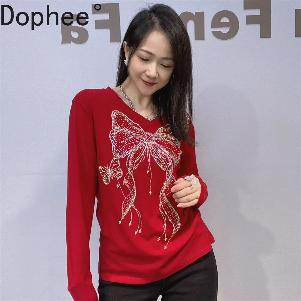

Fashion V-neck Long Sleeve T-shirt Women New Autumn Winter Slimming Basic Tees Hot Drilling Bow High Stretch Pullover Cotton Top