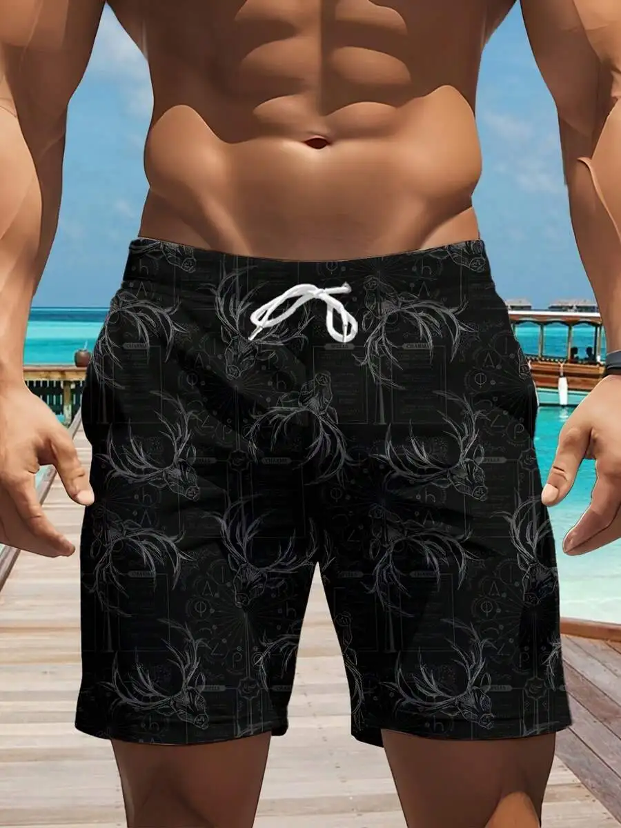 

Mens Black Shorts With All-Over Deer And Astrology Print, Quick-Dry Woven Fabric For Beach And Summer Use