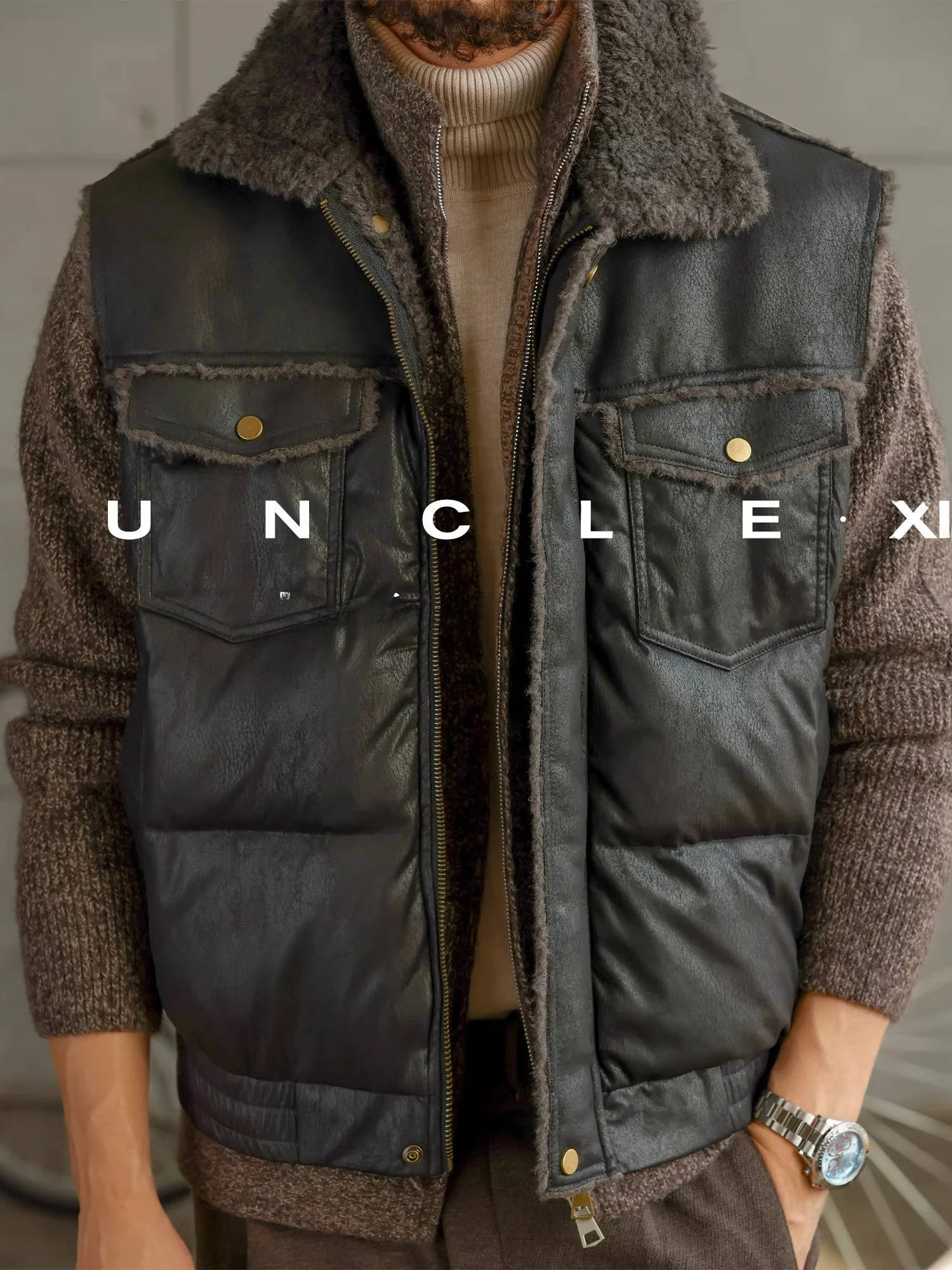 

Men's Thiened Loose Lamb Fur Vest American Retro Leather Jaet Warm Youth ular Long Sve Zipper Closure Color