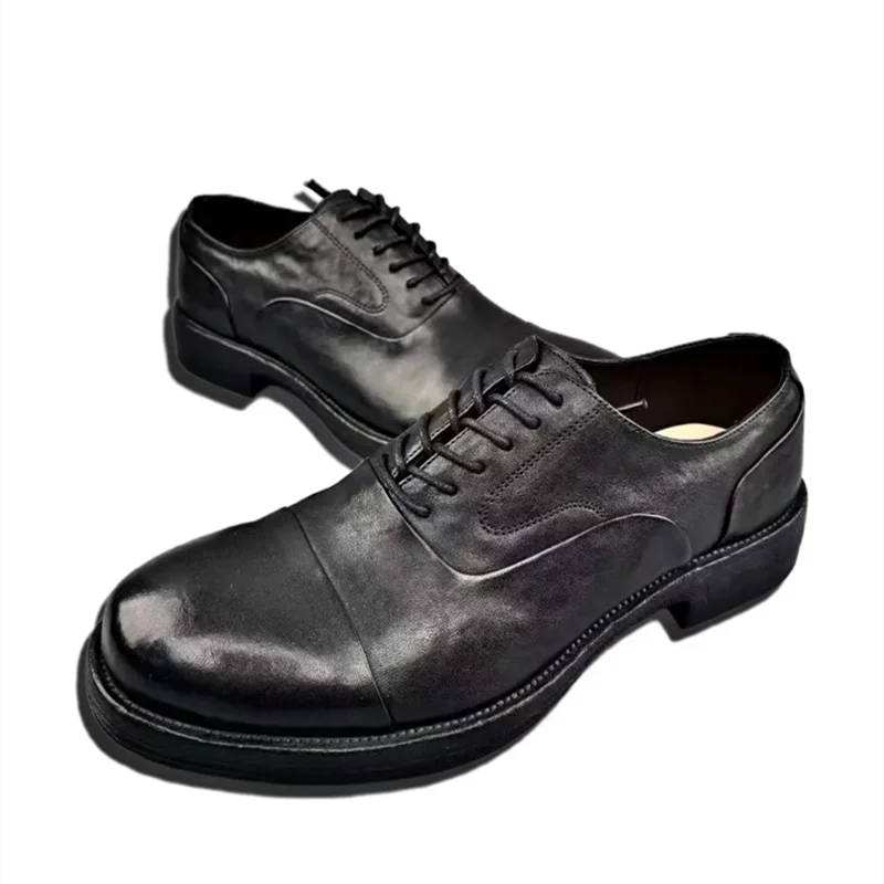 

Мужские потертые туфли дерби из конской кожи, деловые прогулочные ботинки Goodyear на толстой подошве из натуральной кожи с рантом ручной работы на открытом воздухе