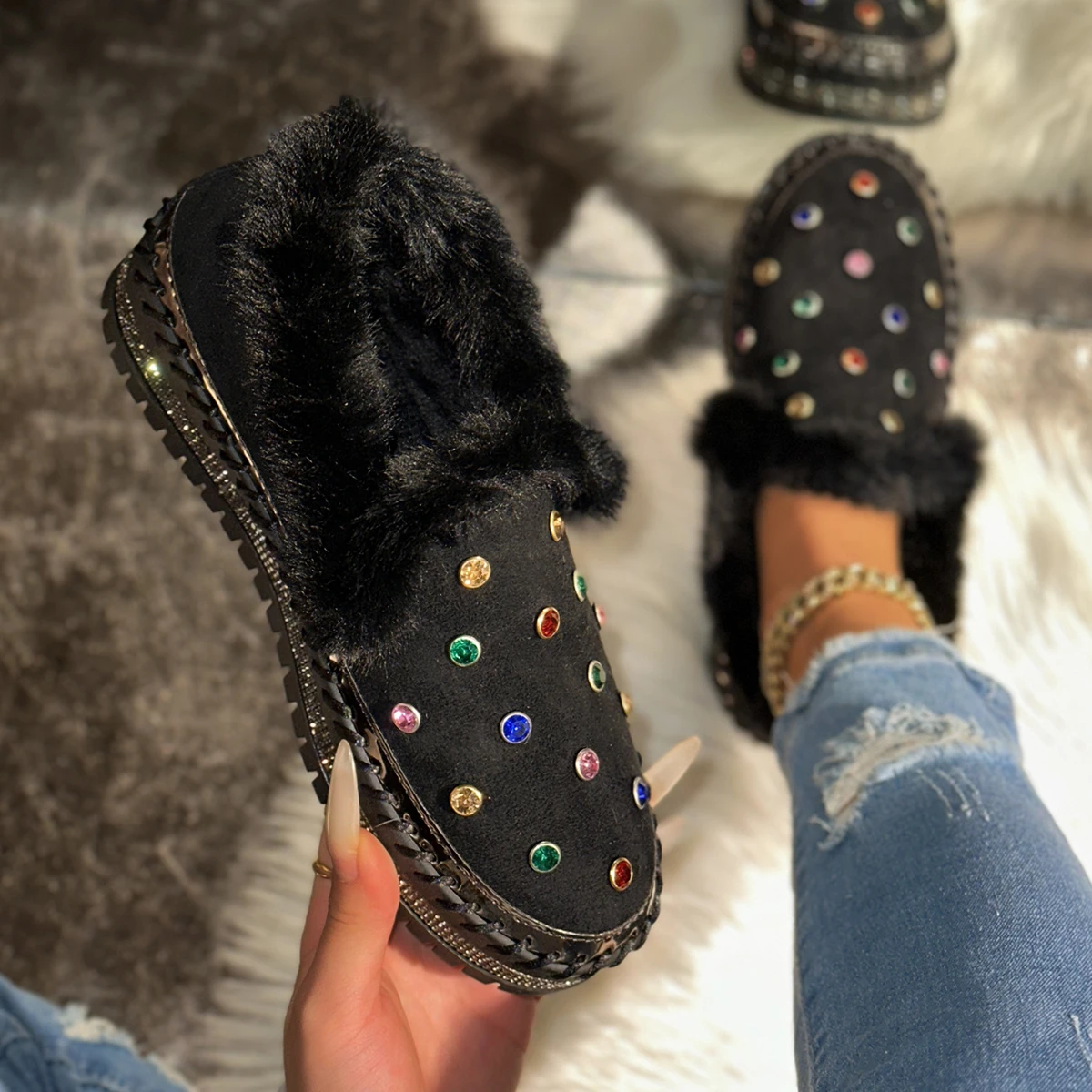 Women Ankle Boots Flat Platform Loafers Furry Crystal Comfortable Women Casual Shoes Short Plush Warm Autumn Winter Boots Woman