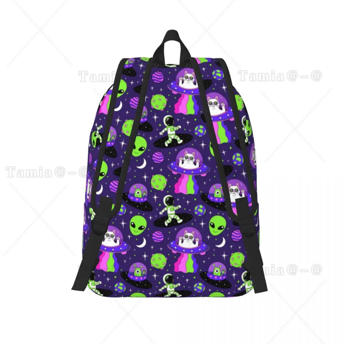 Kosmiczny astronauci obcy koty plecak dla dorosłych lub studentów psychodeliczny Trippy kot torby na książki prezent płótna Unisex Daypack