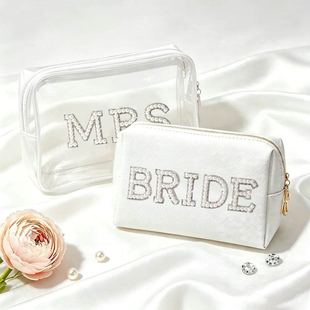 Pearl Letters Makeup Bag Wedding Day Bride Essential Future Mrs Gift Honeymoon Toiletry Bag Hen Party Bridal Shower Engagement