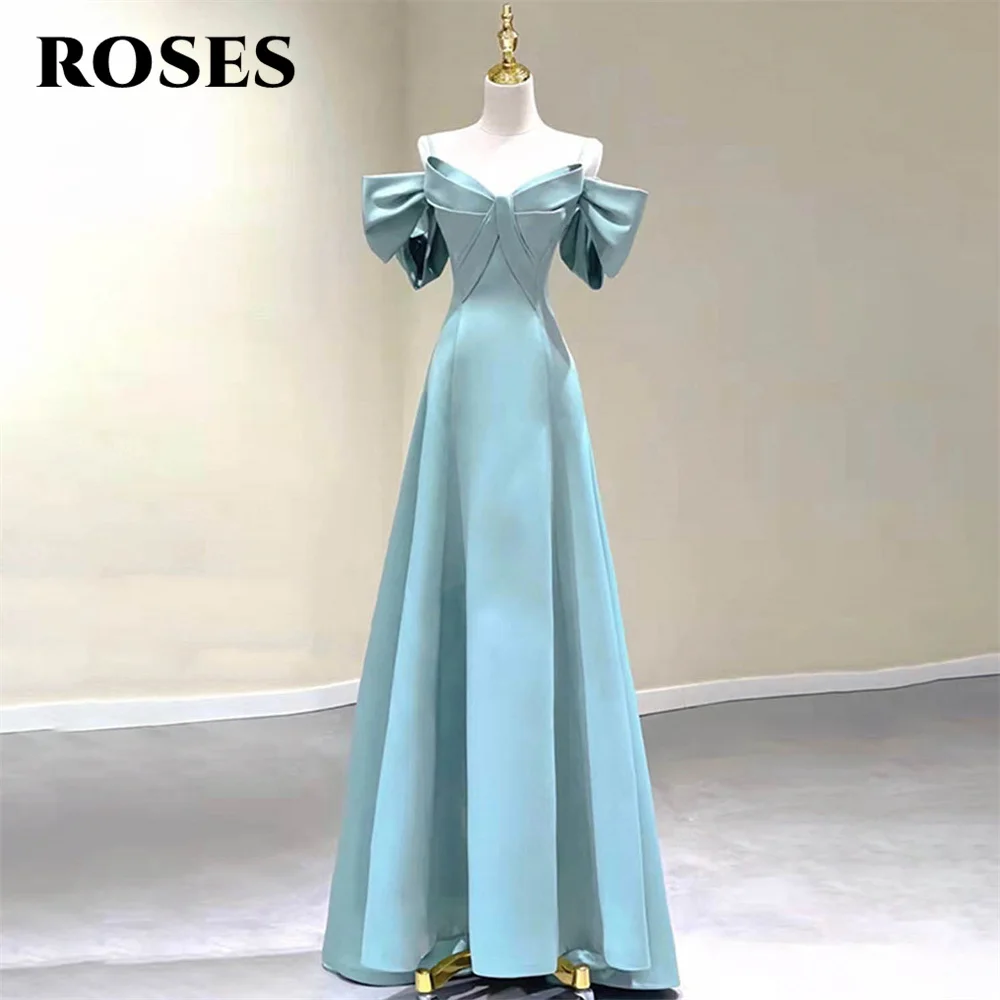 

ROSES Light Blue Prom Dress Off the Shoulder with Bow Celebrity Dresses V Neck Women's Evening Dress Stain Formal Gown 프롬 드레스