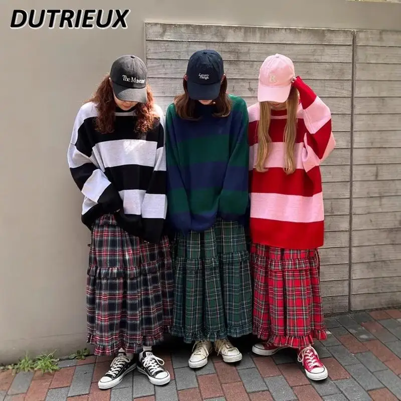 Autumn Japanese Niche High-waisted Plaid Long Elastic Waist Skirt Retro Fungus Ruffled Splicing A-shaped Cake Strap Skirts