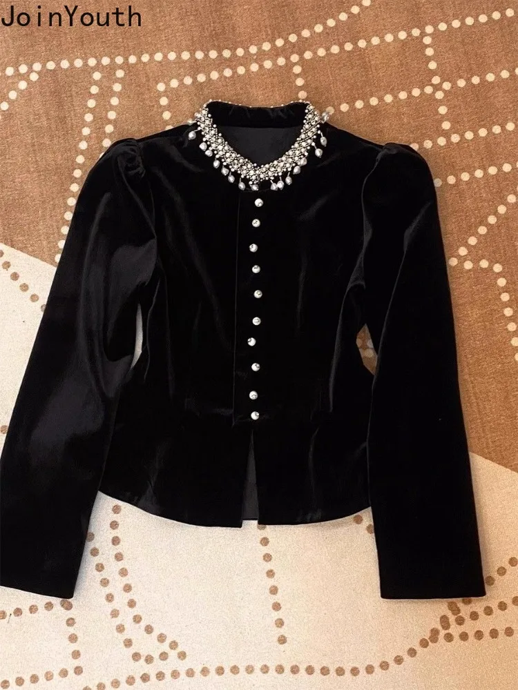 Blouses for Women Black Heavy Beading O-neck Puff Sleeve Shirts 2024 Blusas Mujer De Moda Slim Fit Velvet Vintage Blouse Tops