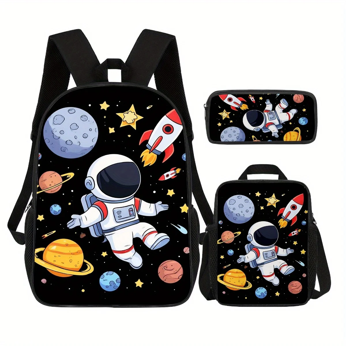 Galaxy Astronaut Backpack 3pcs Set 17 Inch Astronaut Bookpack with Coordinated Lunch Bag and Pencil Pouch Durable for Travel