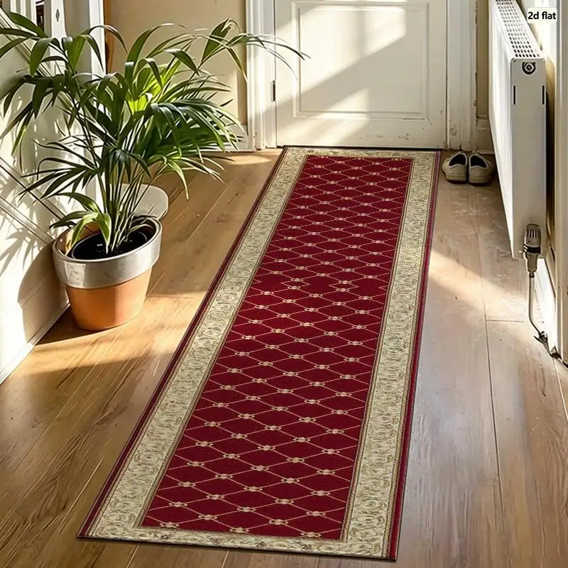 Luxury Red Geometric Lattice Carpet Flooring, Noble European Border Area Rug for Hallway Living Space