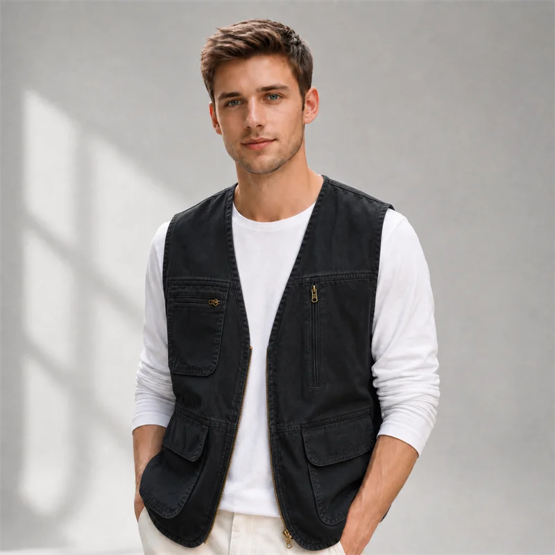 100% Cotton Men's Leisure Vest Solid Color Tooling Style Waistcoat Thin Fishing Hiking Multi-Pockets Casual Vest for Men