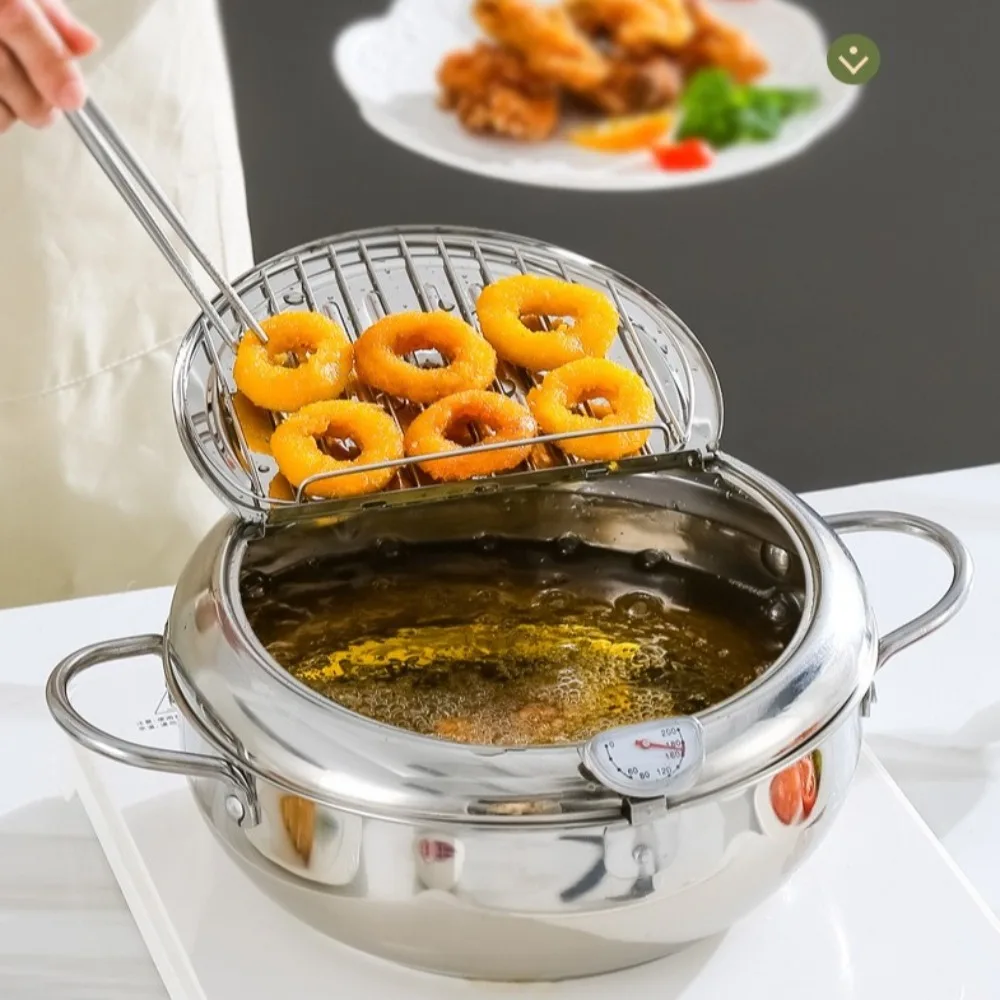 

Thickened Japanese Deep Fryer Pot Stainless Steel Thermometer Tempura Fryer Pan Oil Saving with Lid Deep Frying Pan Kitchen