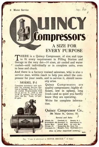 1930 QUINCY COMPRESSORS print AD Vintage Look Reproduction Metal sign