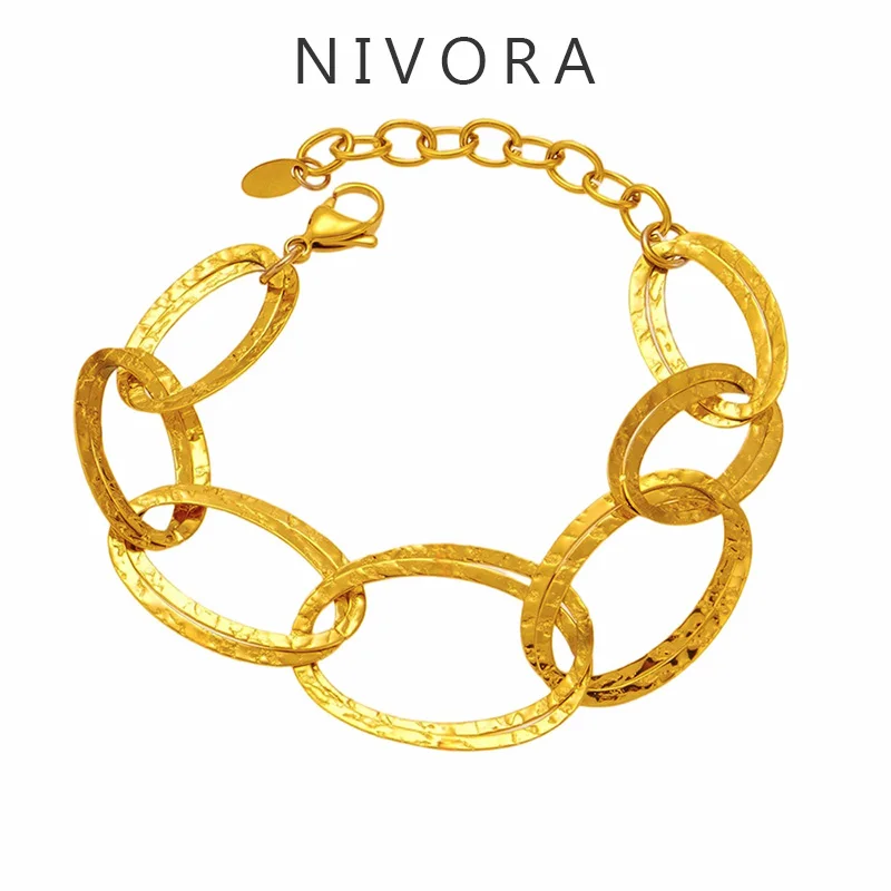 Nivora Minimalism Stainless Steel Hollow Oval Chain Bracelets For Women Charm Metal Texture Wrist Bangle Beach Holiday Jewelry