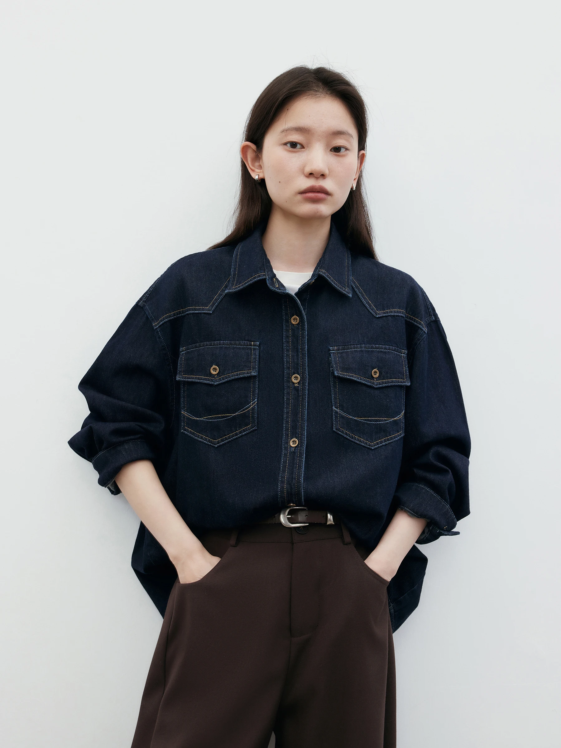 

Retro Sle Women's Long Sve Faded Denim irt Chicven Spring Summer New Loose Fit Classic Collar Patch ket Blue Cotton