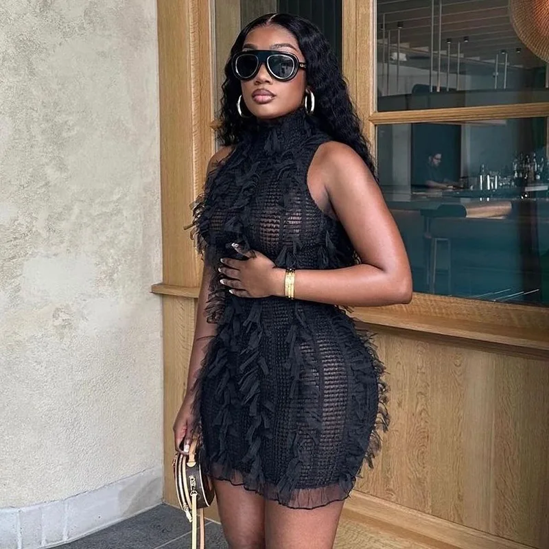 DSMTRC Personality Fashion Sexy Club Women Sleeveless See-through Mini Dress Black Patchwork O-neck Pullover Skinny Vestidos New