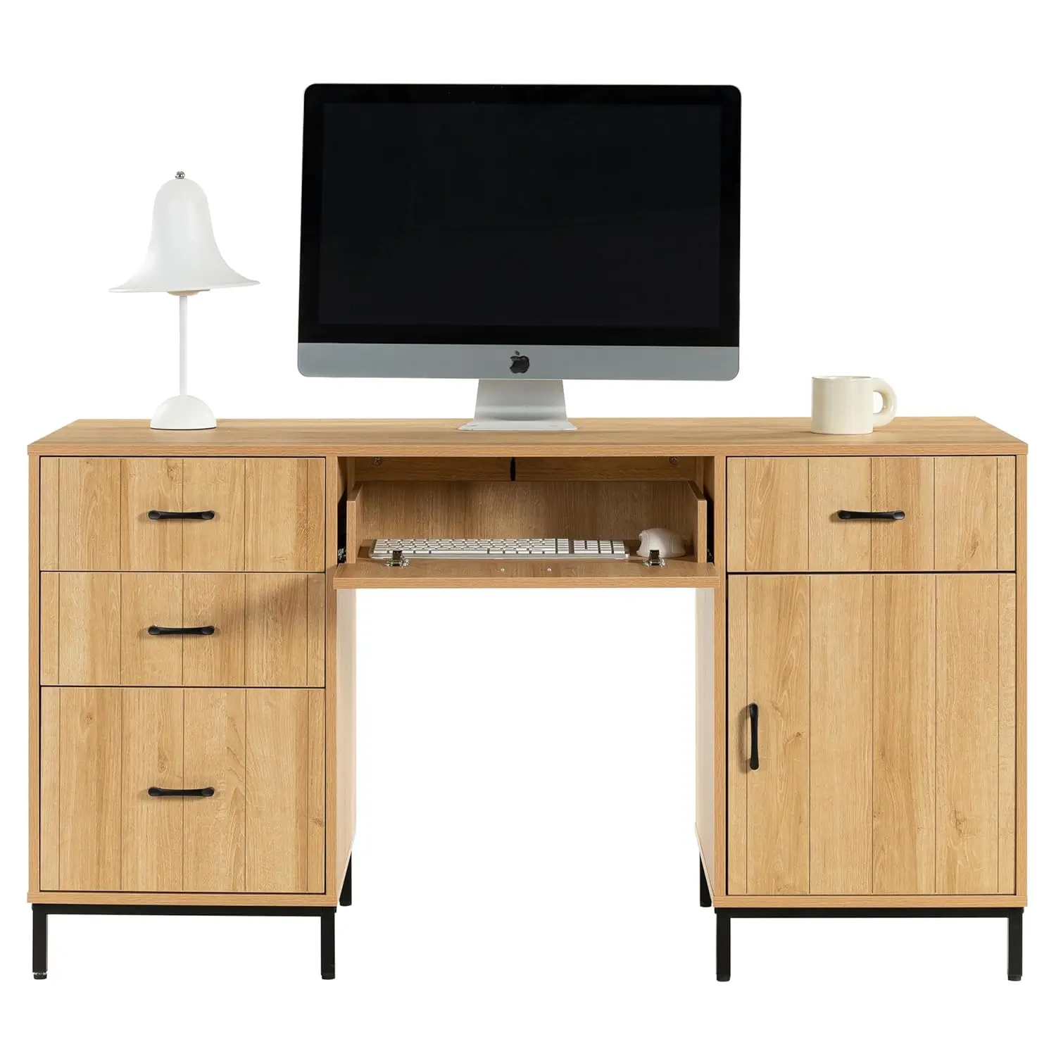 

55" Wood Office Desk with Charging Station 5 Drawers Cabinet Home Study Work Station Living Room Bedroom, Customized