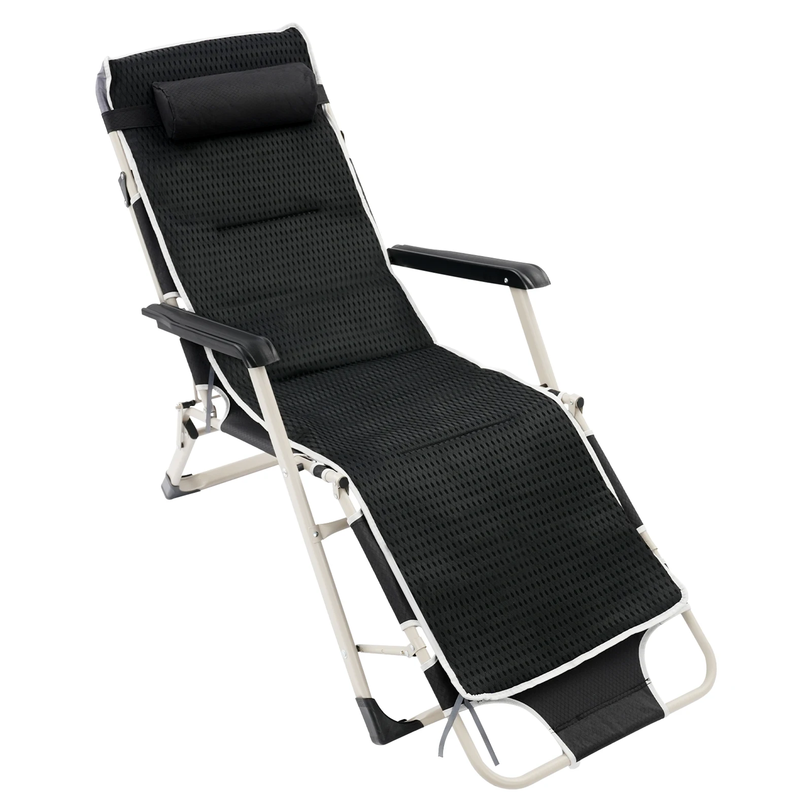 Chaise pliante inclinable avec coussin amovible, 3 positions d'inclinaison, cadre en acier au carbone épaissi, capacité de charge élevée
