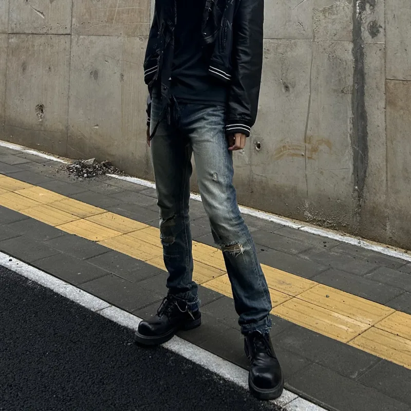 HKSH Spring Autumn Winter New Men Tide Chic Ins Denim Pants Patchwork Skinny Jeans Vintage Slim Fit High Street Vibe Y2K HK27204