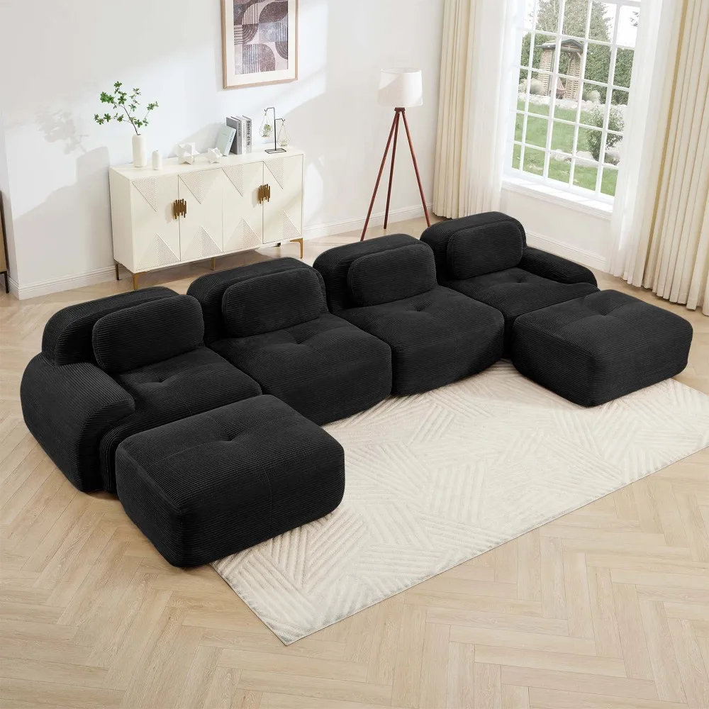 

U-shaped Modular Sofa Black: No Assembly,Breathable Corduroy,32D High-Resilience Sponge,Wide Curved Armrests,Pet-Friendly