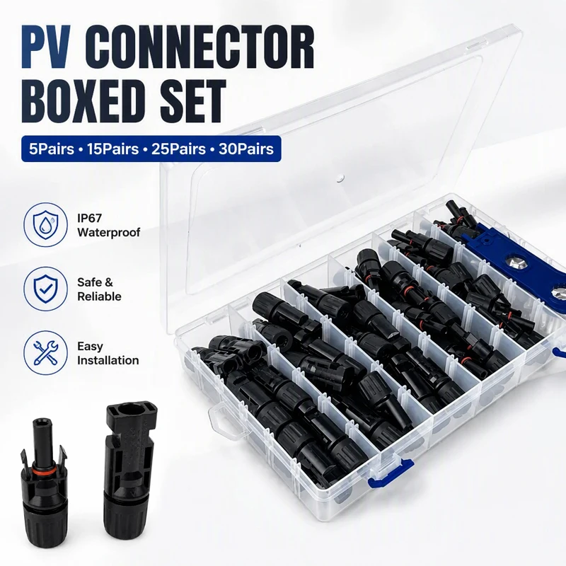 5/15/25/30 Sets PV Solar Connector Assortment Kit, Male Female Cable Plugs, Crimp Terminals, Assembly Wrench and Storage Case