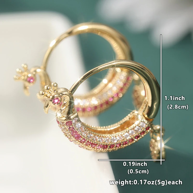 Gorgeous Gold Color Pink White CZ Dangle Earrings Woman Round Peacock Pattern Party Daily Wear