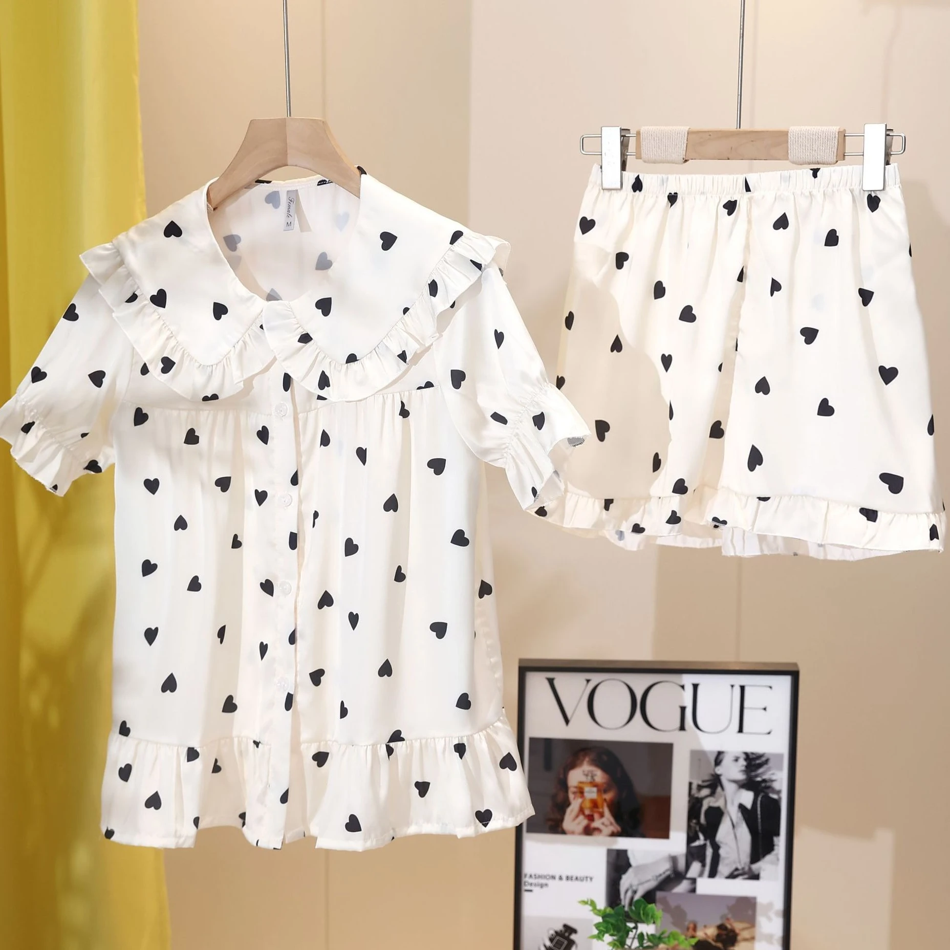 Twinset Pajamas Set Lapel Women Sleepwear Print LOVE Summer Silky Satin Short Sleeve Pijamas Suit Elastic Waist Pants Lingerie