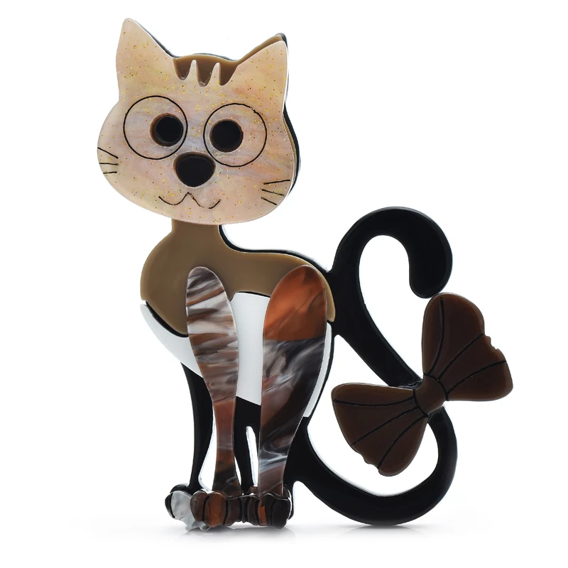 Wuli&baby Acrylic Big Eyes Cat Brooches For Women Unisex 3-color Wear Bowknot Tail Pets Animal Party Casual Brooch Pins Gifts