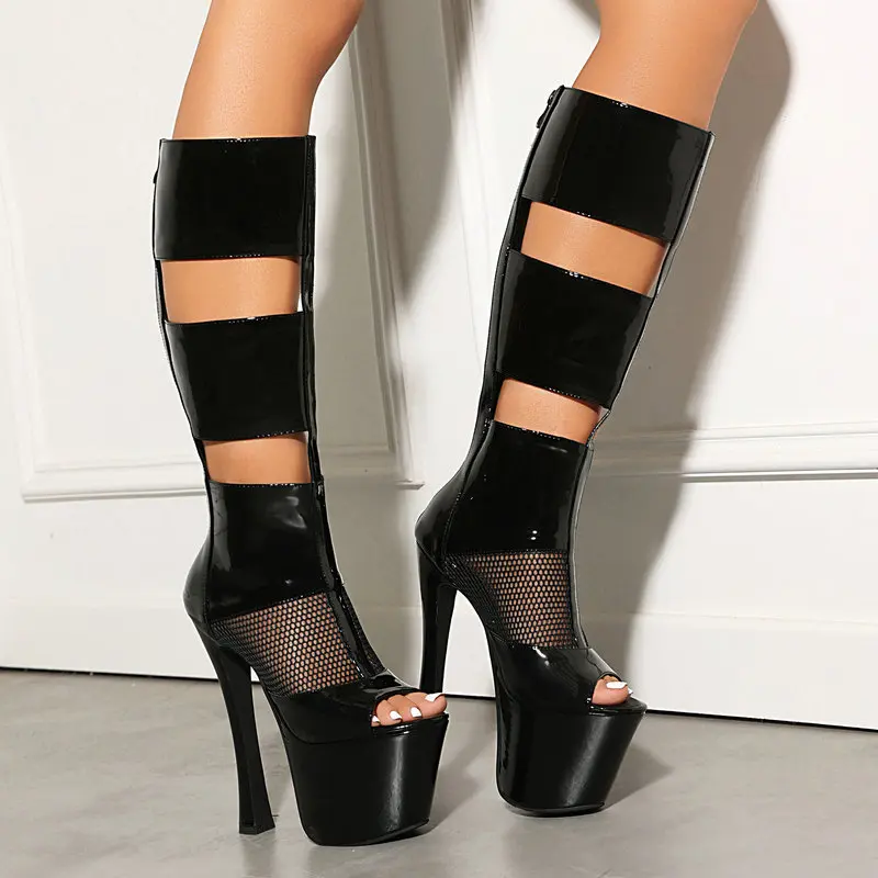 Patent Leather Mesh Cutout Super High Heel Long Boots Women Platform Chunky Heel Peep Toe Nightclub Runway Thigh High