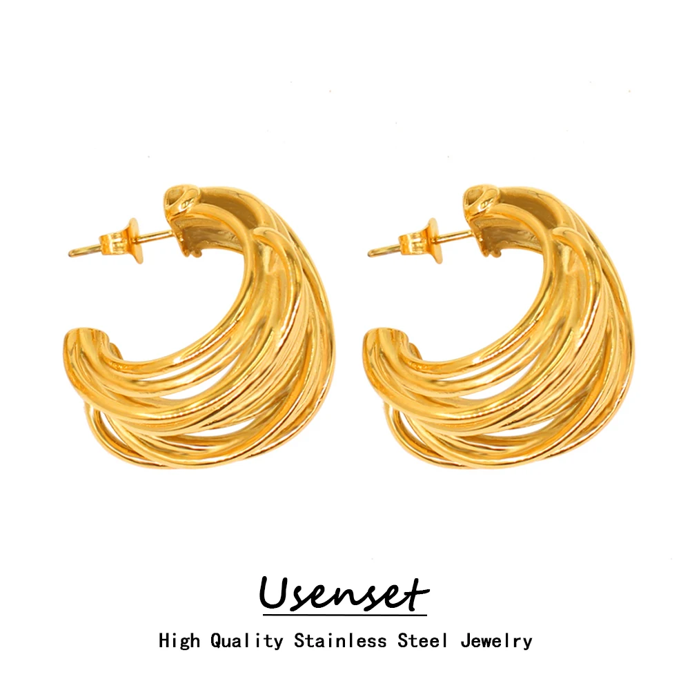 USENSET Textured Irregular Stainless Steel Hoop Earrings 18k Gold Plated Wide Abstract Multi-Lines Ear Stud Prevent Allergy