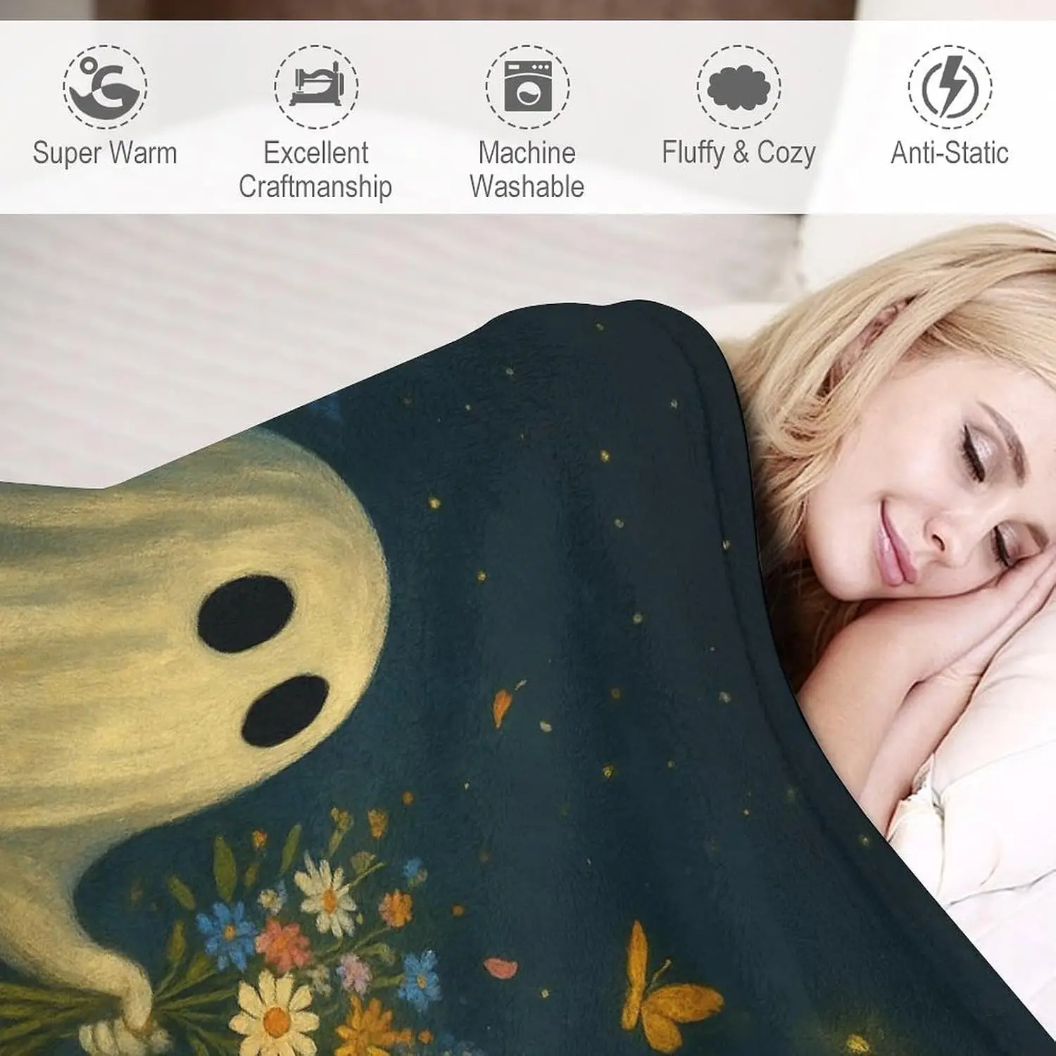 Halloween Ghost in Flower Bed Flannel Throw Blanket – Ghost Among Colorful Flowers Illustration, Soft Warm Blanket for Couch Bed Sofa, 30x40 Inch