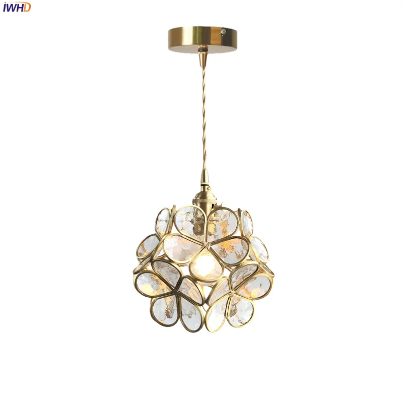 

IWHD Japan Vintage LED Pendant Lights For Bedroom Kitchen Living Dining Room Decor Copper Petal Glass Hanging Lamp Luminaire