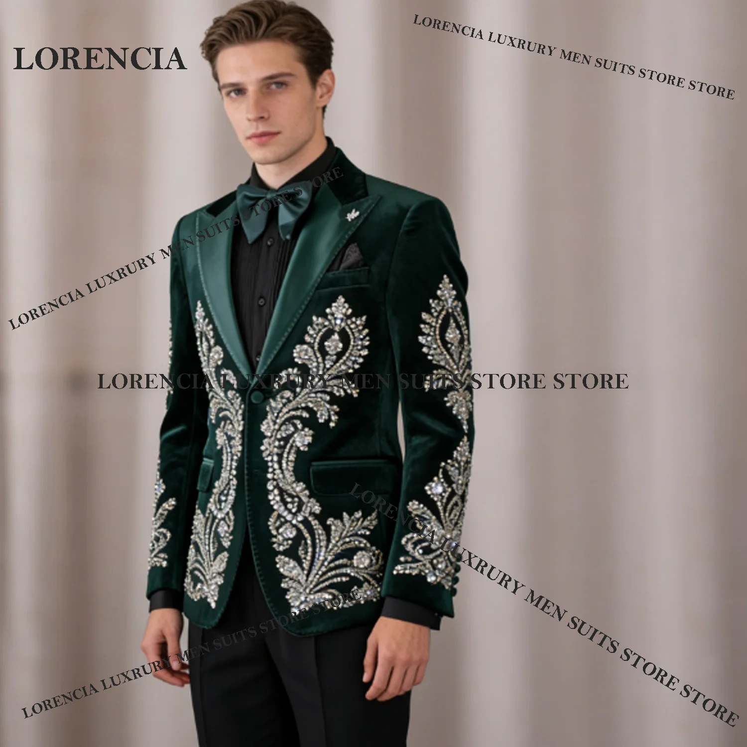 

Sparkly Crystal Men suits For Wedding Groom Velvet Embroidery Male Prom Party Customized Luxury Blazer 2 Pieces Set Tuxedos Slim