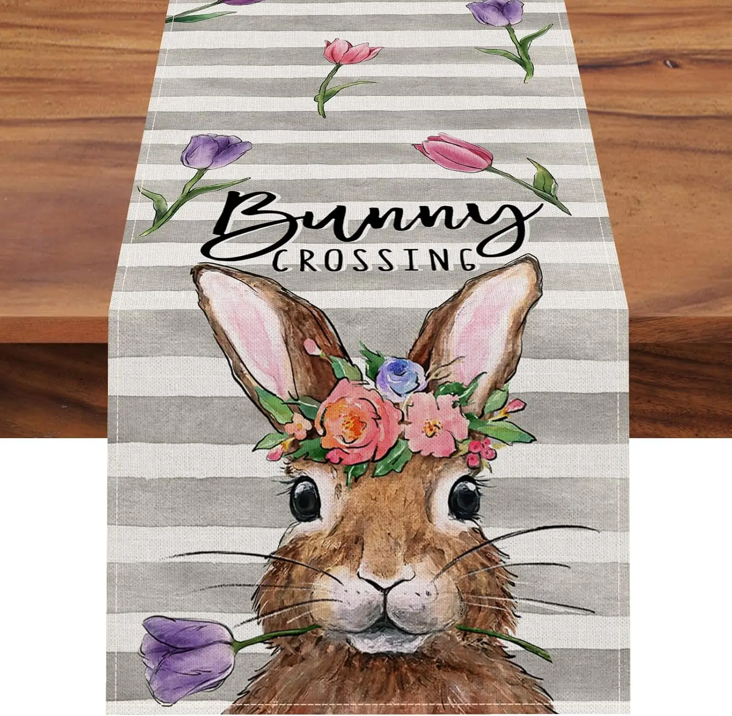 

Easter Rabbit Tulip Flowers Stripes Seasonal Spring Linen Table Runners for Home Kitchen Dining Table Indoor Outdoor Party Decor