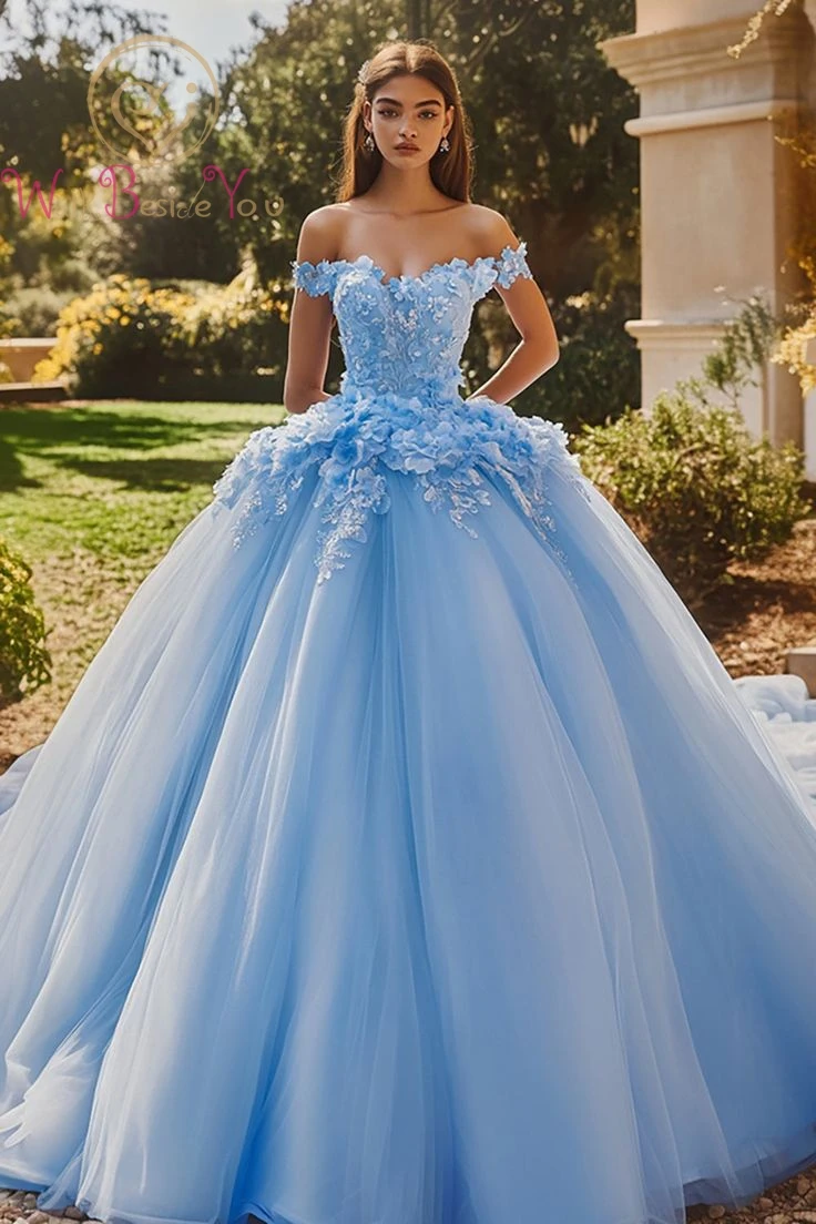 

Floral Prom Dresses Off Shoulder Sweetheart Ball Gown Long Sweep Train Off Shoulder Blue Women Evening Gowns Customized