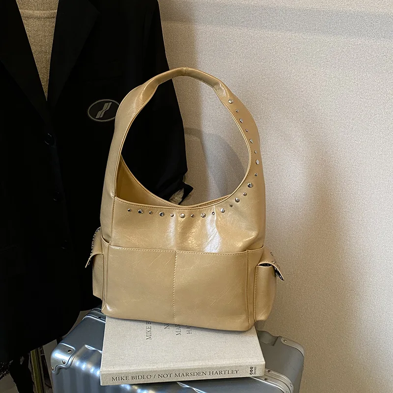 겨울용 스터드 장식 스퀘어 백 넉넉한 여성용 숄더백 빈티지 탑 핸들 토트백 다용도 언더암 백 캐주얼