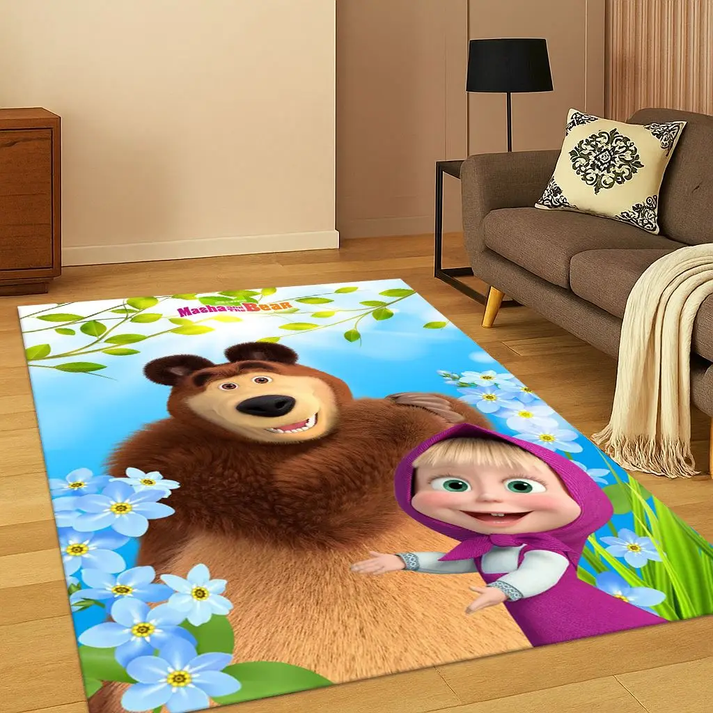3D M-Masha and Bear Cartoon Carpet Rug for Bedroom Living Room Sofa Doormat Home Decor,Kid Game Area Rug Non-slip Christmas Gift