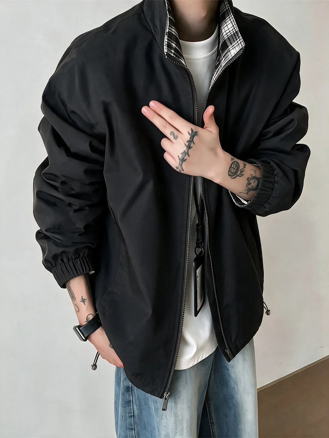 Cleanfit Plaid Splicing Jacket Men's Autumn Design Sensation Short No Hat American Collar Outerwear Casual Loose Fit Jeans
