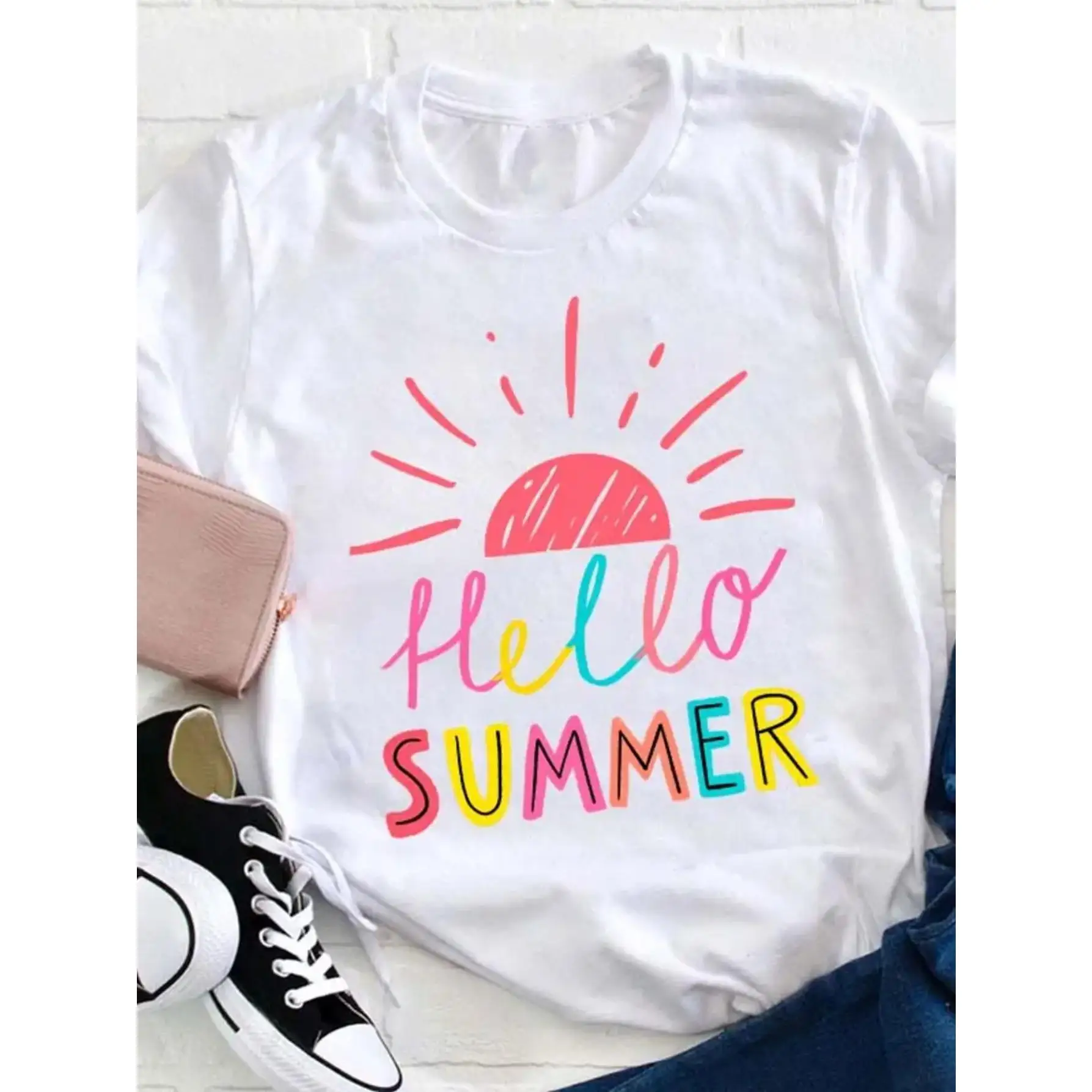 

Women's Casual Loose Fit "Hello Summer" Graphic T-Shirt - 100% Short Sleeve Round Neck Tee with Vibrant Sun Design, Machine Wash