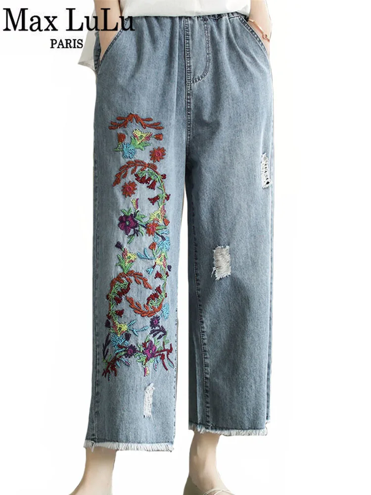 

Max LuLu 2023 Womens Luxury Spring Loose Embroidery Wide Trousers Holes Leisure Jeans Females Classic Vintage Punk Denim Pants