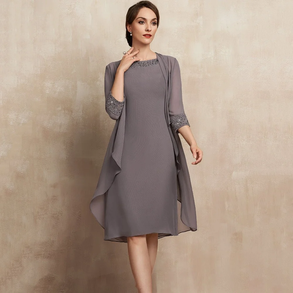 

Customized Mother Dresses O Neck Elegant Formal Gown A Line Knee Length Bride Party Dress Crystal Chiffon robes invitée mariage