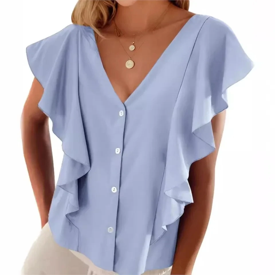 

Fashion Pleated Cover Lotus Leaf Sleeves V-neck For Women's Shirt 2025 Summer Casual Loose Versatile Vacation Home Female Shirt