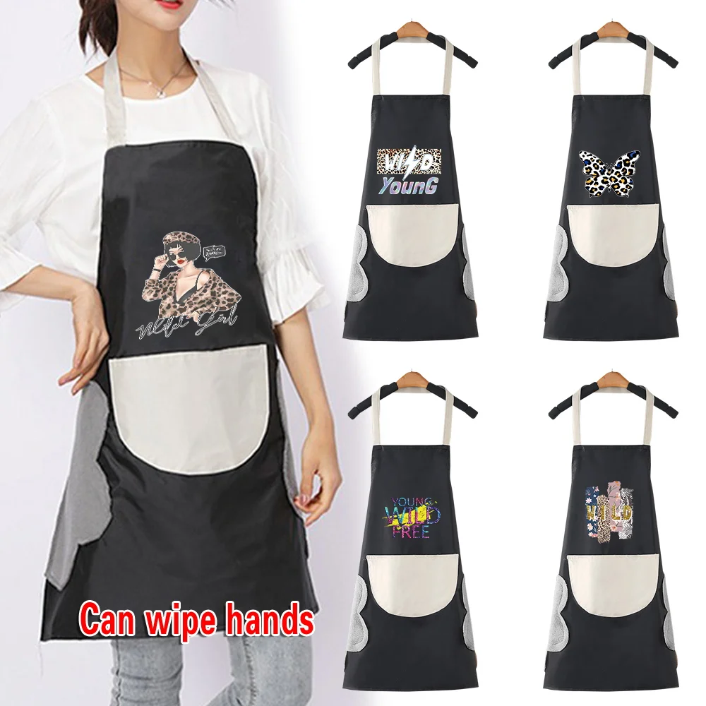 

Waterproof Kitchen Apron Household Oil Resistant Work Apron Print Wild Pattern Black Dirt-Proof Cleaning Aprons with Pockets