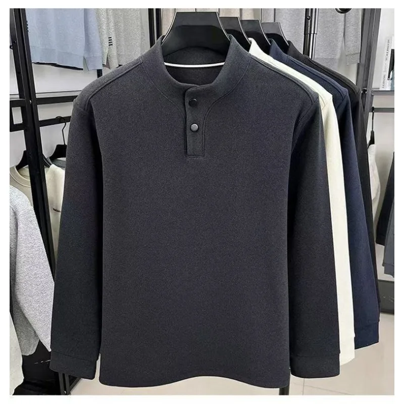 Men's Double Sided Fleece Stand Collar Long Sleeve T Shirt Button Placket Warm Solid Color Inner Top