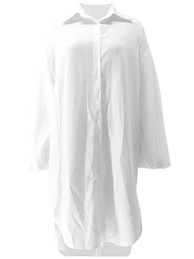 Doyerl Lanterna Camicia a maniche lunghe Abito Donna Abiti autunnali 2025 Colletto rovesciato Bottoni con spacco laterale Abiti midi da club vestibilità ampia