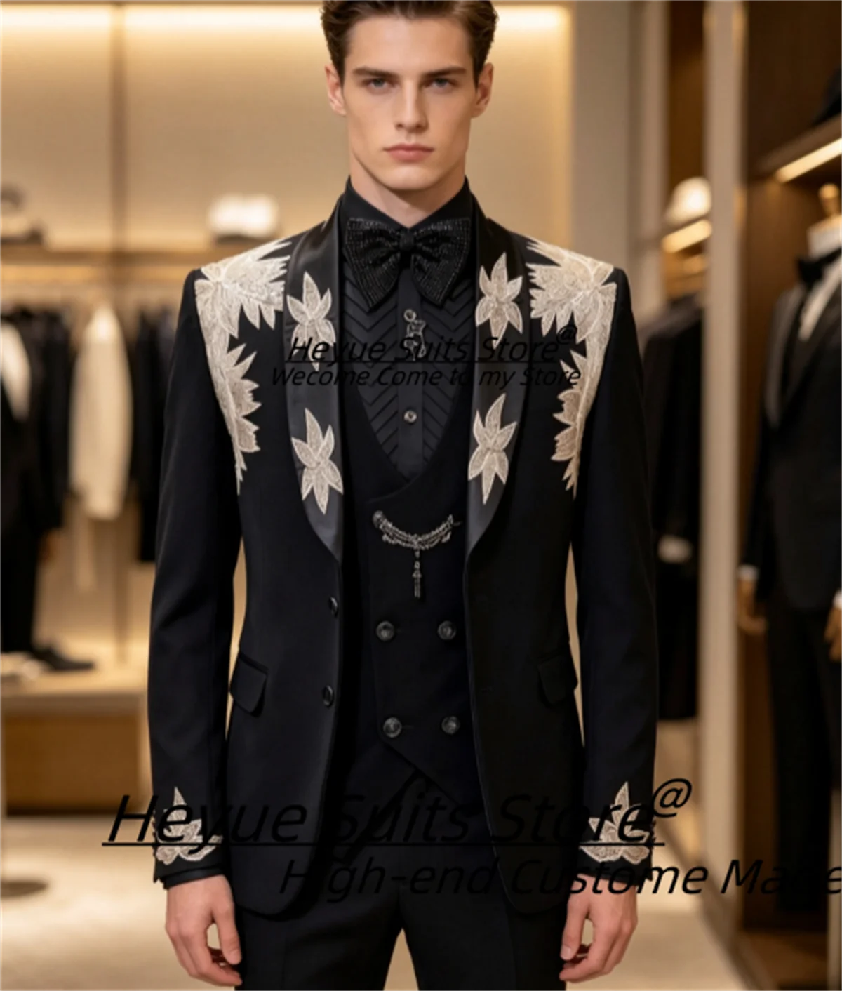 Luxurious Gold Floral Embroidery Men Suit Slim Fit  Shawl Lapel Wedding Groom Tuxedos 3 Pcs Sets Male Formal Blazers Ropa Hombre