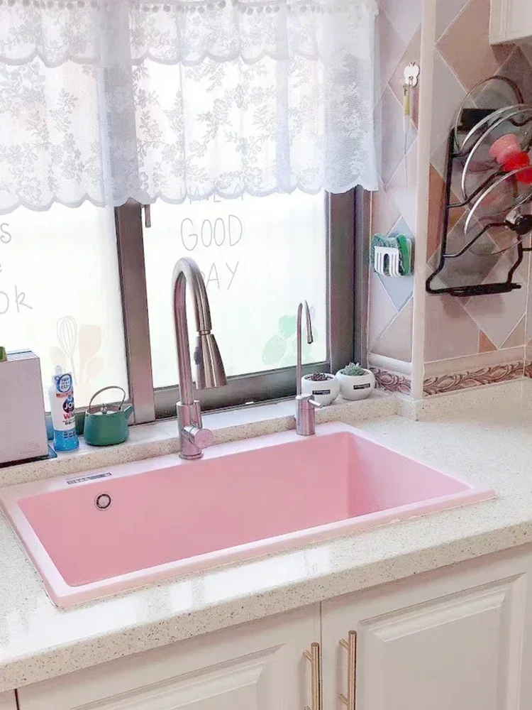 Light Pink Quartz Stone Large Single Sink Bar Basin Middle Island Basin Kitchen Counter Color Sink Washing Basin