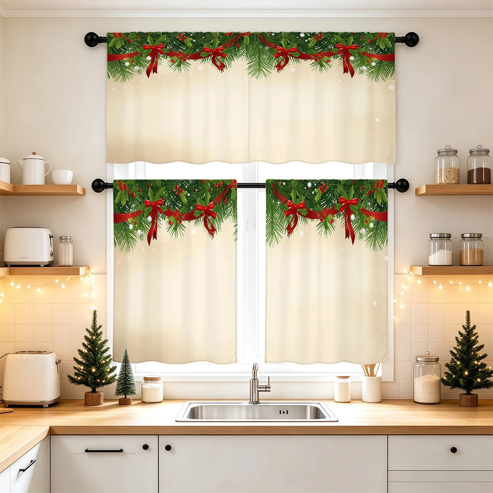 Christmas Kitchen Curtains, Pine Branch Red Bow Berry, Digital Print, Kitchen Dining Room, Rod Pocket Polyester, Home Decor