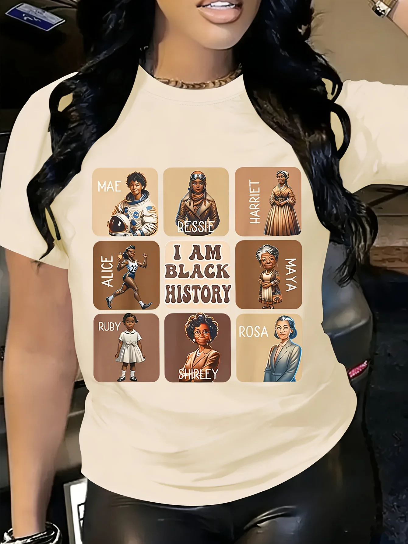 1 100% Ladies Pattern T-Shirt - Black History Month Celebrity Design, Breathable Crew Neck Short Sleeve T-Shirt, Casual Sports, Machine Washable, Perfect Gift for Adults