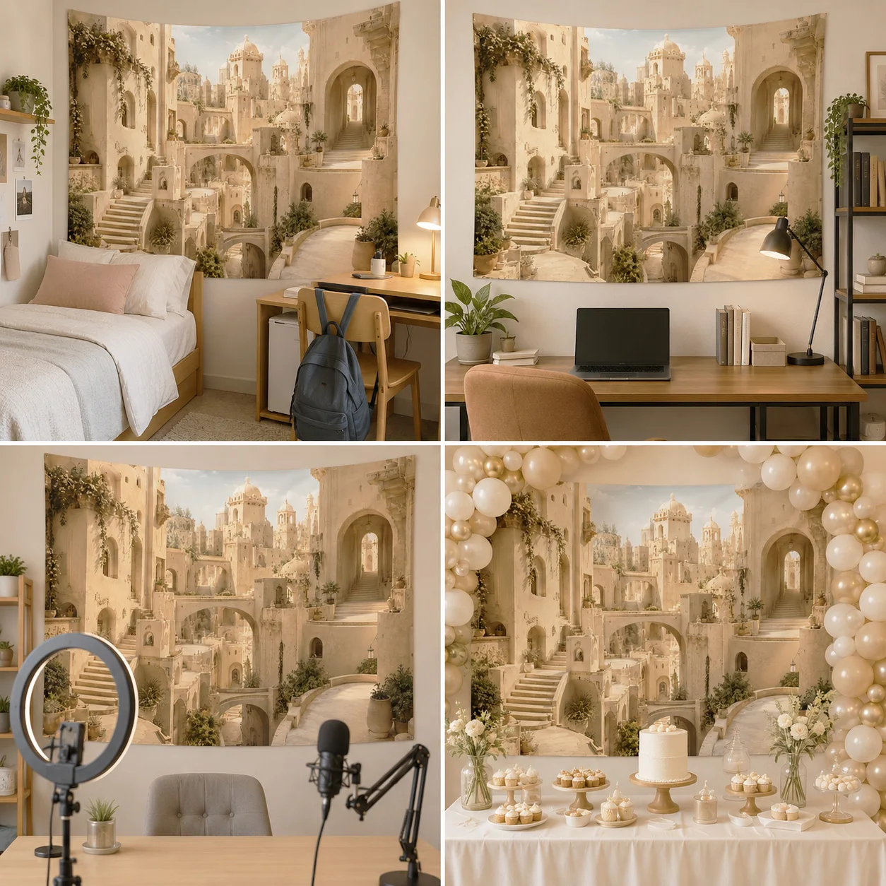 Neutral Beige European Ancient Castle Town Tapestry, Vintage Stone Architecture Wall Hanging