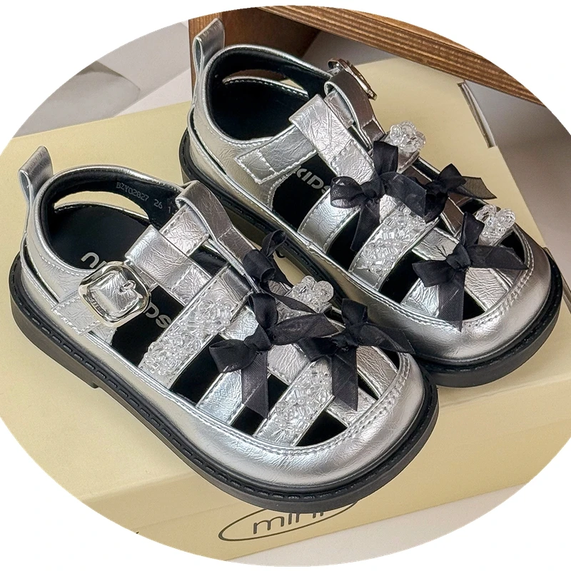 Fashion Gladiator Sandals 2025 Solid Color Toddler Kids Hollow Rhinestones Strapped Shoes Big Girls Closed Toe Lace Bow Footwear